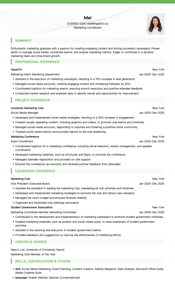 Marketing Coordinator Resume Template for Fresh Graduates