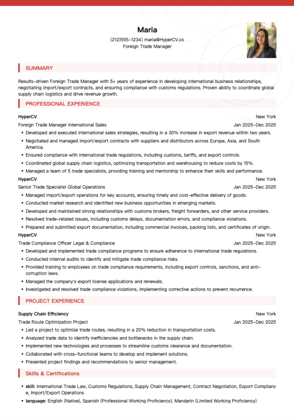 Foreign Trade Manager Resume