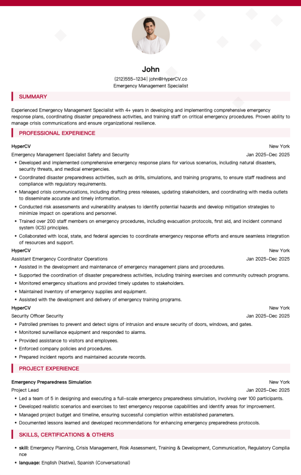 Emergency Management Specialist Resume Template