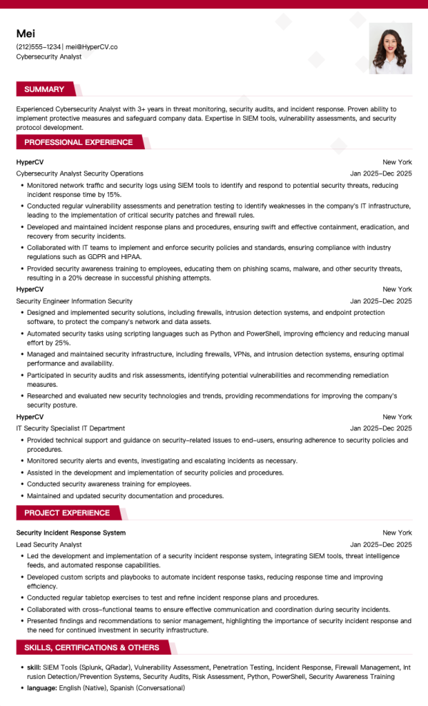 Cybersecurity Analyst Resume Template