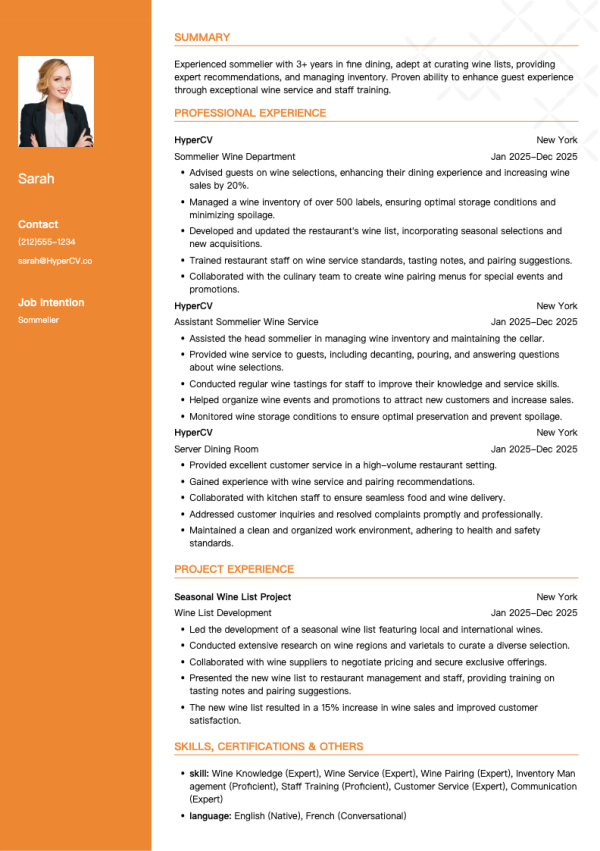 Sommelier Resume Template