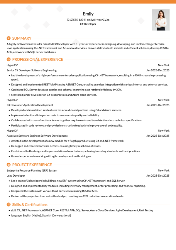 C# Developer Resume Template