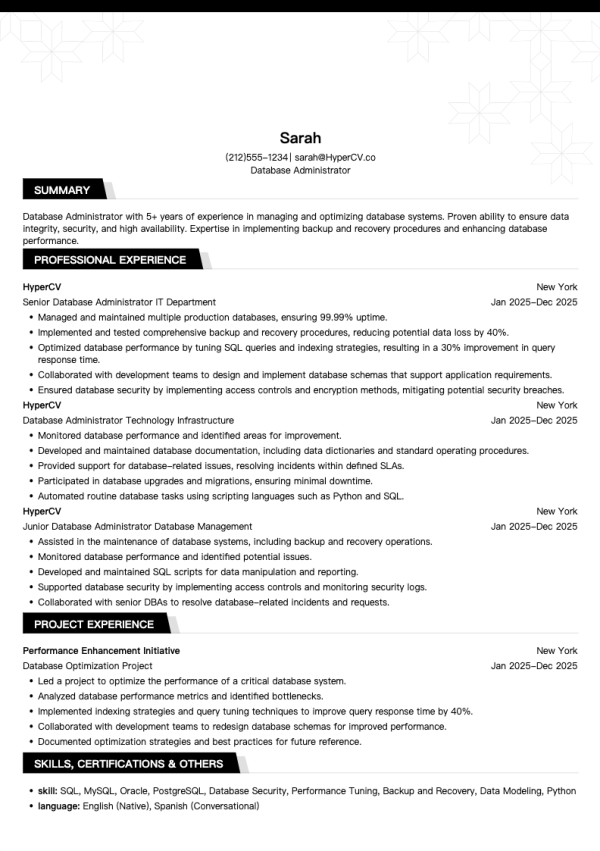 Database Administrator Resume Template