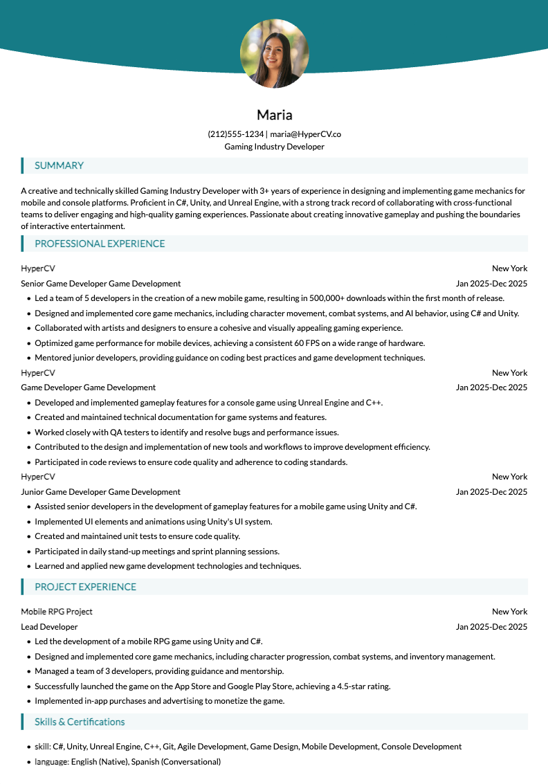 Gaming Industry Developer Resume | C#/Unity_HyperCV