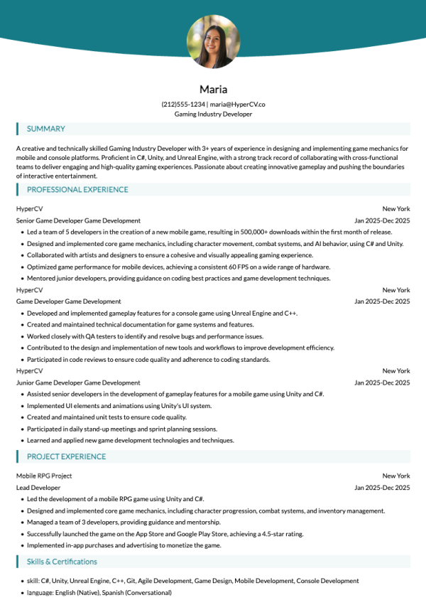 Gaming Industry Developer Resume