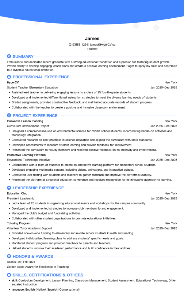 2025 Fresh Graduate Teacher Resume Template