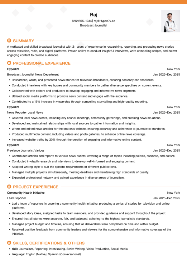 Broadcast Journalist Resume Template