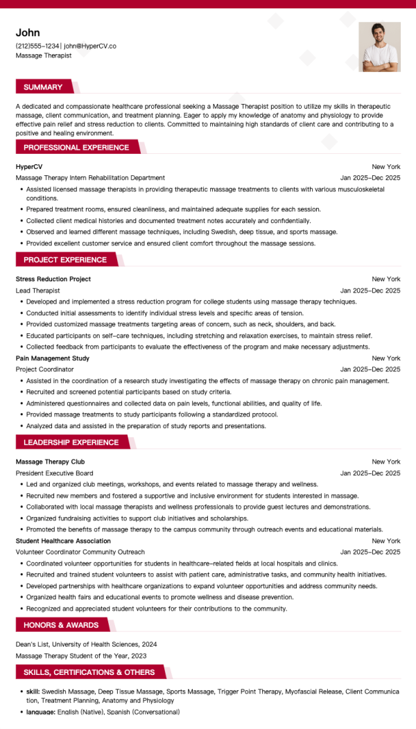 Massage Therapist Resume Template for Fresh Graduates
