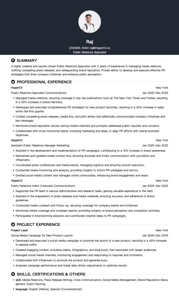 Public Relations Specialist Resume Template