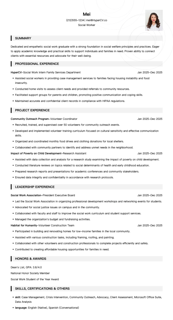2025 Social Worker Graduate Resume