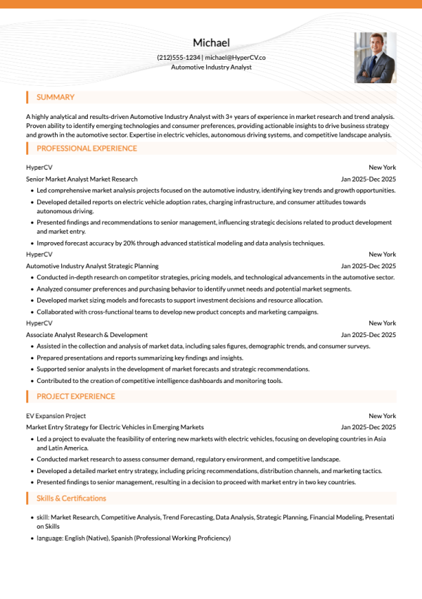 Automotive Industry Analyst Resume Template