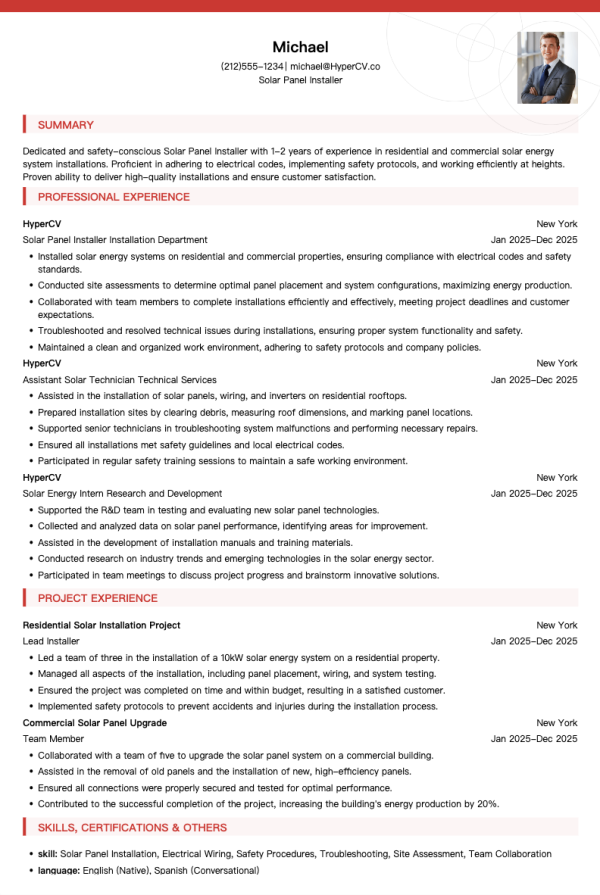 Solar Panel Installer Resume Template