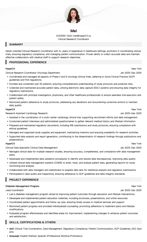 Clinical Research Coordinator Resume Template