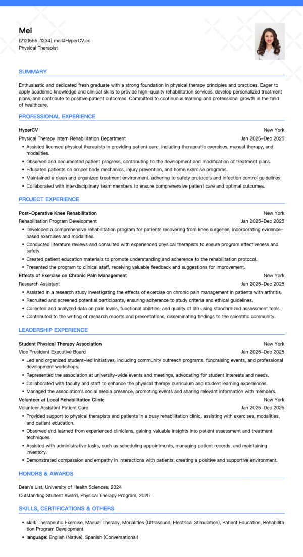 Physical Therapist Fresh Graduate Resume
