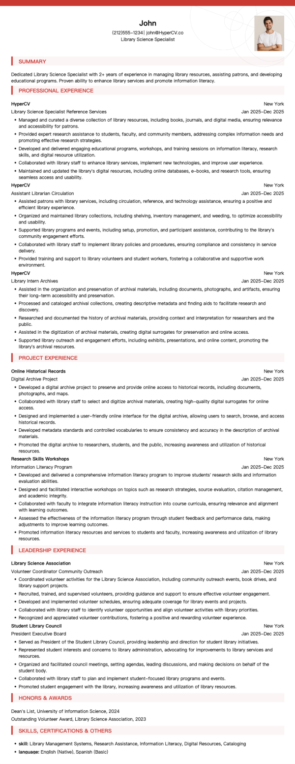 Library Science Specialist Resume