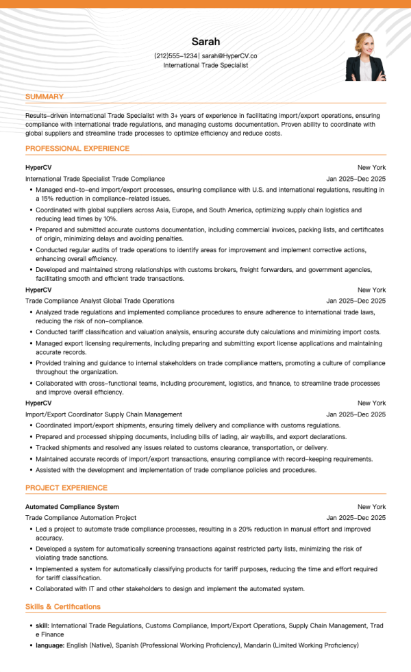 International Trade Specialist Resume