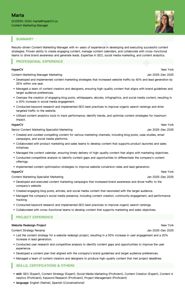 Content Marketing Manager Resume Template