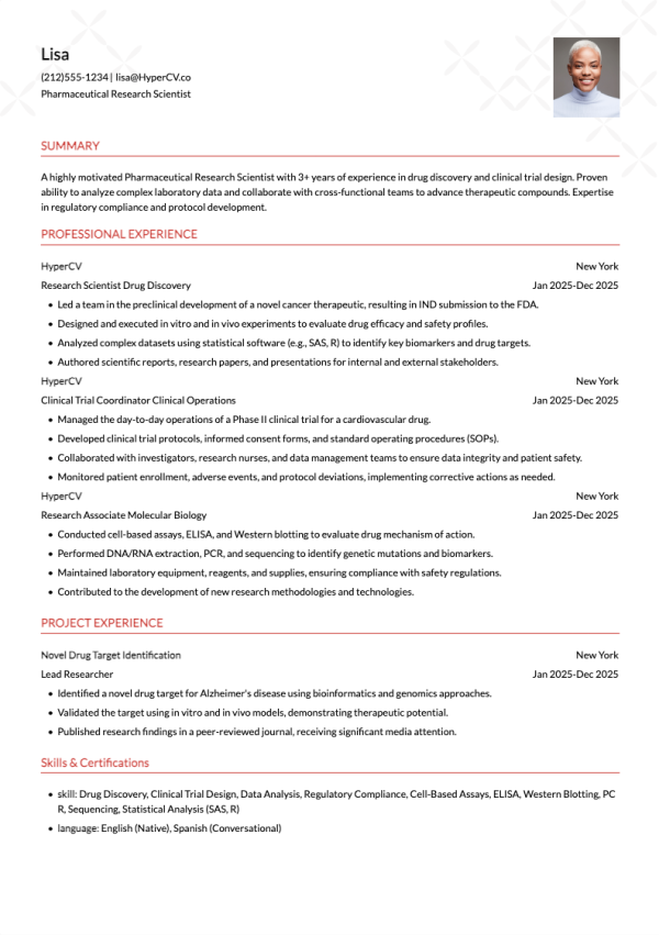 Pharmaceutical Research Scientist Resume