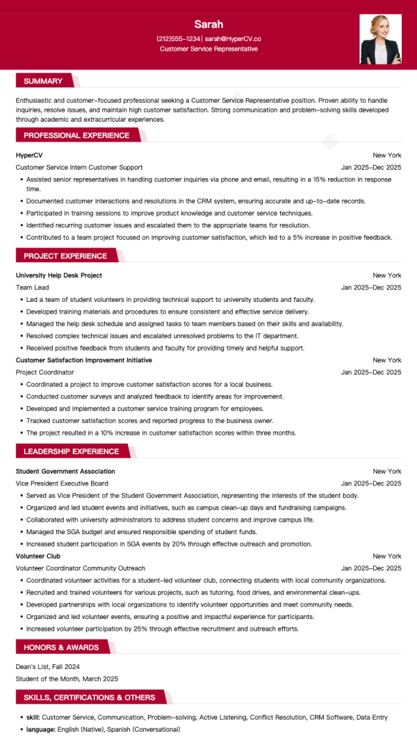 Entry Level Customer Service Representative Resume