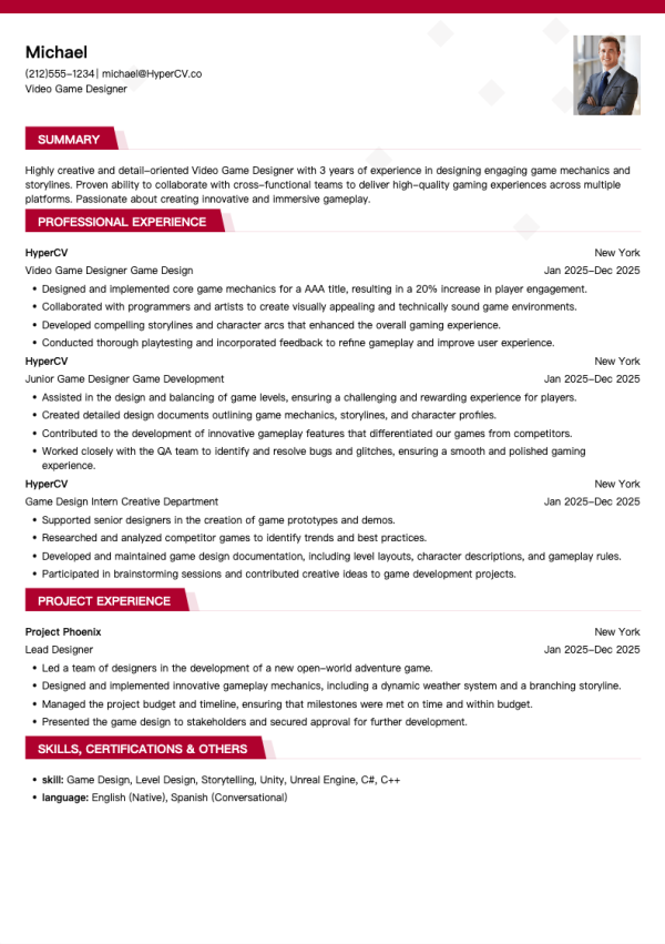 Video Game Designer Resume Template