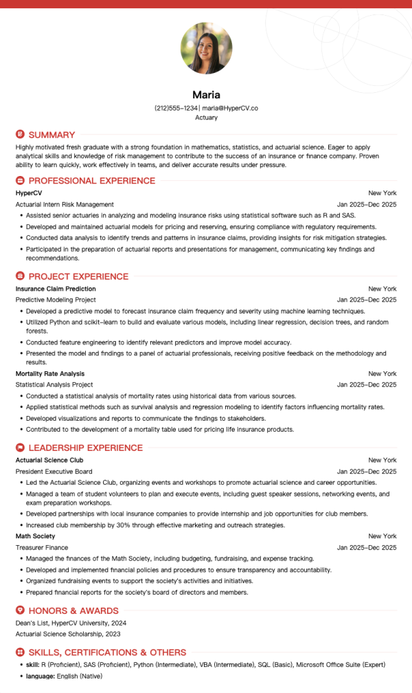 Actuary Resume Template for Fresh Graduates